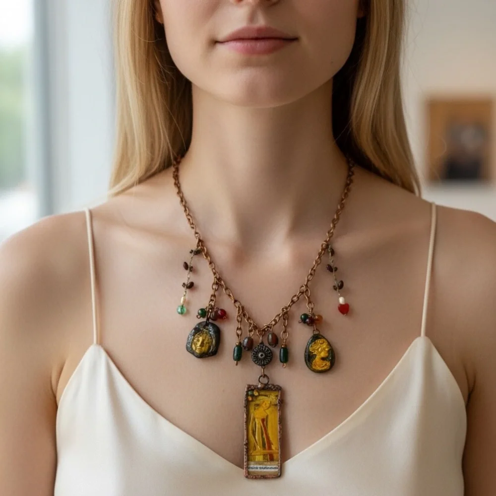 Italian Noblewoman Tiny Art Canvas Necklace | Glass, Clay Cameos & Copper - Picture 6 of 15